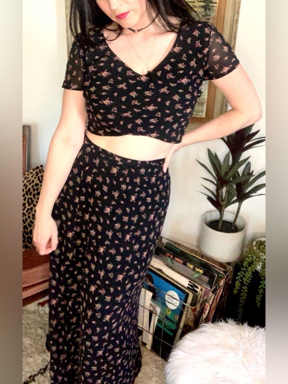 Vintage Silk Laura Ashley Black Two Piece Set- Maxi Skirt with Pink Floral Print